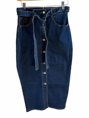 SHEIN Sky Dark Blue High-Rise Button-Front Denim Skirt with Tie Waist Medium NWT